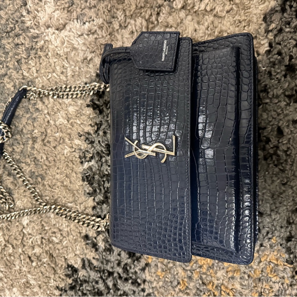 Yves Saint Laurent Navy Croc-Embossed Shoulder Bag